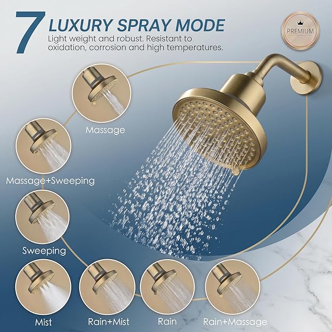 Brushed Gold 360 Degree Rotated Shower Head ＆ Filter COMBO ! Anti - Chlorine Hard Water Filtered Shower Heads - 7 Sprays High Pressure 6" Showerheads with 25 Stage Filtration for Adult and Children