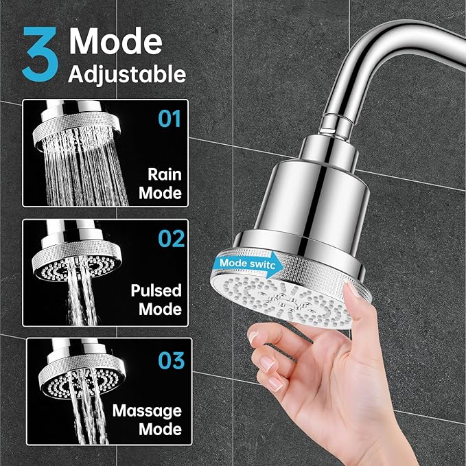 NSF Certified Filtered Shower Head with KDF-55, High Pressure 3 Spray Modes Showerhead Water Softener for Hard Water, Remove Chlorine & Impurities for Softer Skin and Hair, Chrome