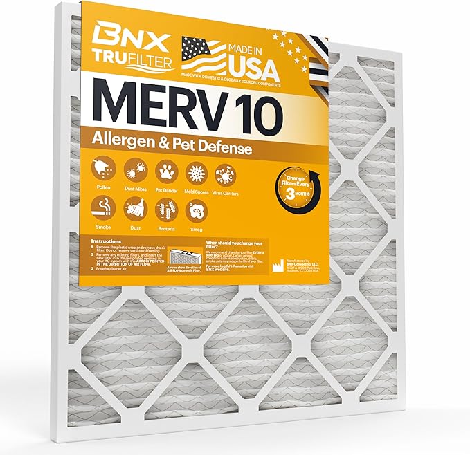 BNX TruFilter 20x20x1 MERV 10 (6-Pack) AC Furnace Air Filter - MADE IN USA - Pleated Air Conditioner HVAC AC Furnace Filters - Removes Odor, Mold, Bacteria, Smoke