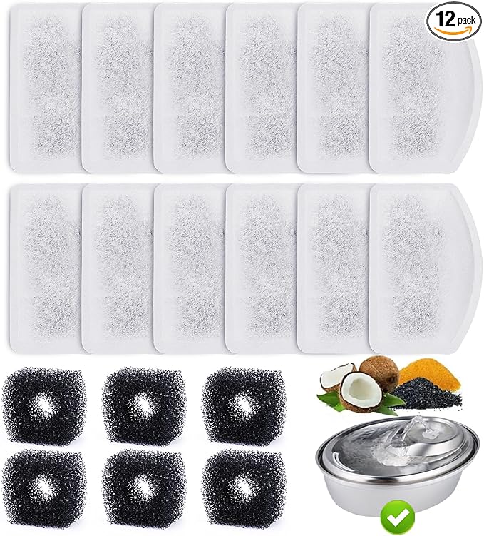 12 Pack Replacement Filters for D60 100oz/3L Automatic Dog Fountain, ZEKIRY Carbon Cat Water Fountain Filter, Triple Filtration Pet Water Dispenser Filters(6Pcs Pump Sponges)