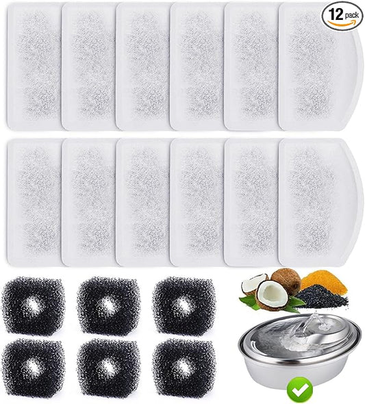 12 Pack Replacement Filters for D60 100oz/3L Automatic Dog Fountain, ZEKIRY Carbon Cat Water Fountain Filter, Triple Filtration Pet Water Dispenser Filters(6Pcs Pump Sponges)