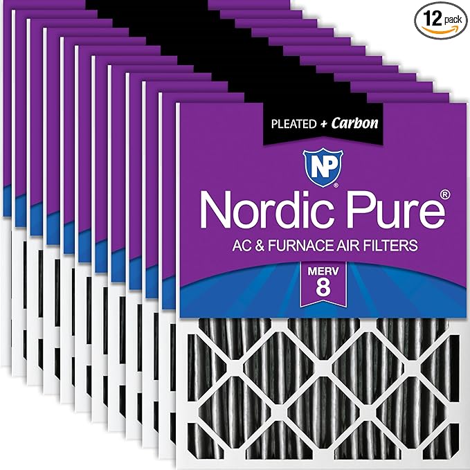 Nordic Pure 16x20x2 (Actual Size: 15 1/2 x 19 1/2 x 1 3/4) Furnace Air Filters MERV 8 Pleated Plus Carbon 12 Pack