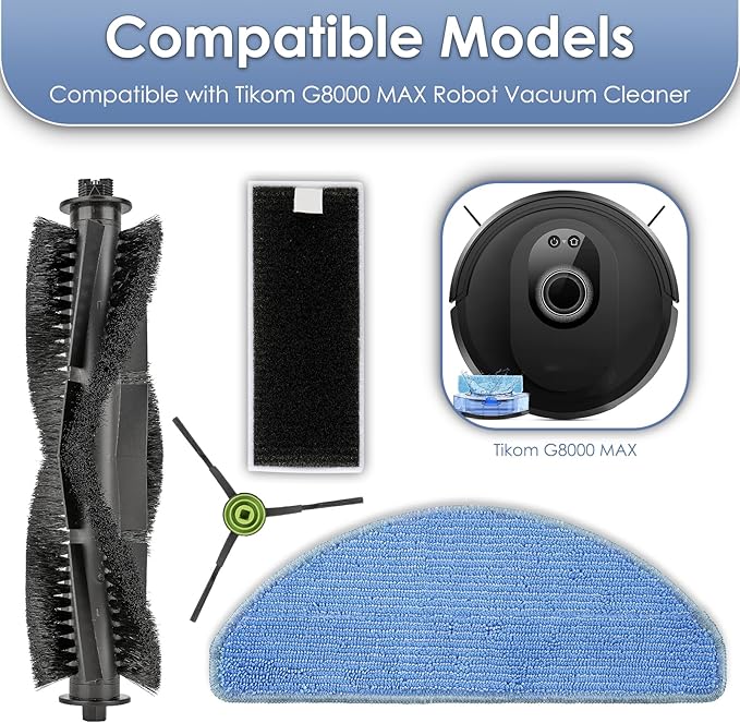 (22 Pack) G8000 MAX Replacement Parts Compatible with Tikom G8000 MAX Robot Vacuum Cleaner, 2 Roller Brushes, 10 Side Brushes, 5 HEPA Filters, 5 Mop Pads, Accessories Kit