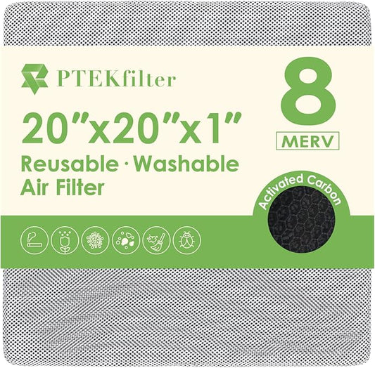 20x20x1 Washable & Reusable Air Filter with Activated Carbon Layer, MERV 8 Air Filters for AC HVAC Furnace, Machine Washable & Dryer Friendly