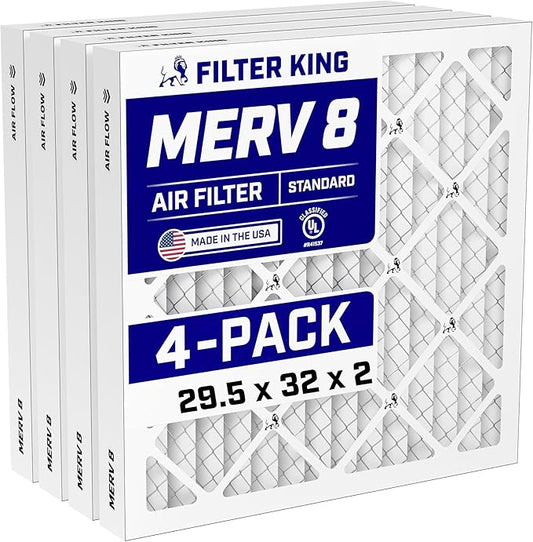 Filter King 29.5x32x2 Air Filter (MERV 8) (4-Pack) Dust & Allergy Control AC Furnace Filters, MADE IN USA, HVAC, Pleated, Electrostatic (Actual Size: 29.5 x 32 x 1.75)