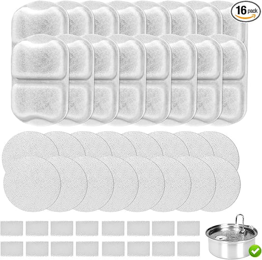 16 Packs Dog Water Filter Replacement, Cat Water Fountain Filter Compatible with oneisall 7L/230oz/1.8G Stainless Steel Dog Water Fountain