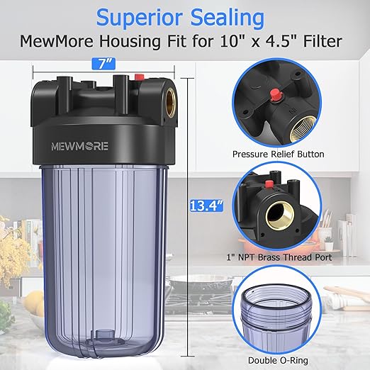WHT10 Whole House Water Filter Housing, Fit 10"x4.5" Sediment etc Filters for Well and City Water, Big Filter Blue Pre-Filtration System for Home, 1" NPT Port, Pressure Release (Clear Housing)