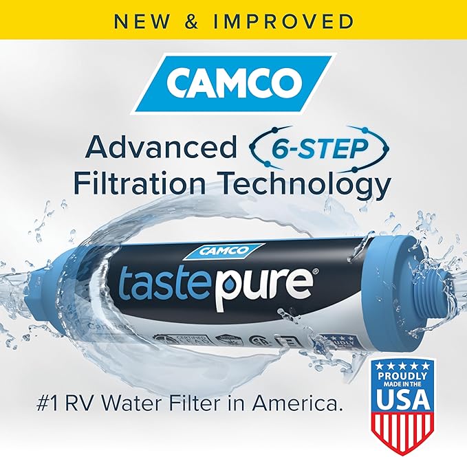 Camco TastePURE 20-Micron Wide-Body Inline Design Water Filter with GAC and KDF Filtration for RVs, Boats, Travel Trailers, and Campers (4-Pack)