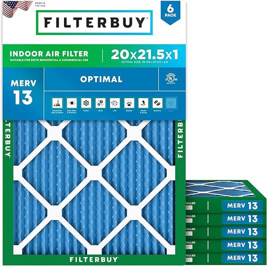 Filterbuy 20x21.5x1 Air Filter MERV 13 Optimal Smoke & Allergy Defense (6-Pack), Electrostatic Pleated HVAC AC Furnace Filters Replacement, Made in USA (Actual Size: 19.88 x 21.50 x 0.75)