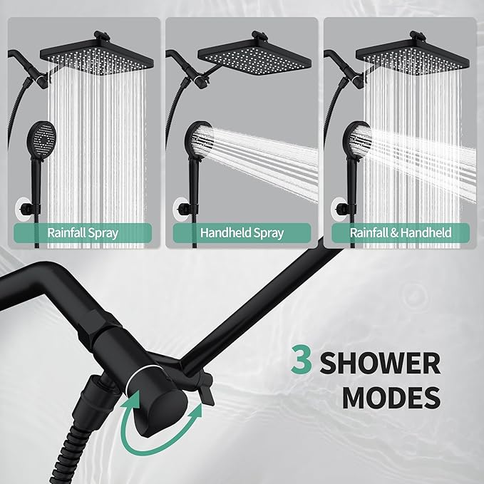 12 Inch Wide Rain Shower Head with Filtered Handheld Combo, High Pressure Rainfall Shower Head, 9 Spray Modes Handheld with 9-Inch Extension Arm, Comes with Filter Removes Chlorine(Black)