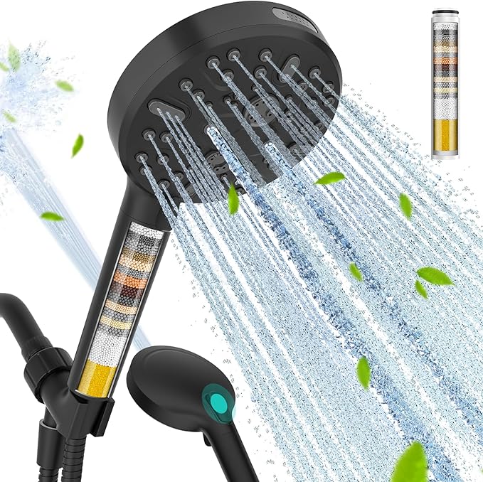 Filtered Shower Head with Handheld - High Pressure 9 Spray Modes Showerhead with 16-Stage Water Softener for Hard Water - Purifying Detachable Hand Held Shower Head, Matte Black