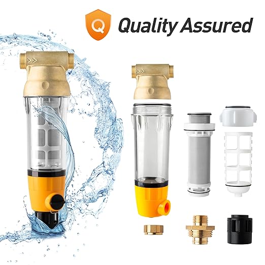 iSpring WSP100B Large Reusable Whole House Spin Down Sediment Water Filter with Built-in Housing Scraper and Brass Top Clear Housing, 100 Micron