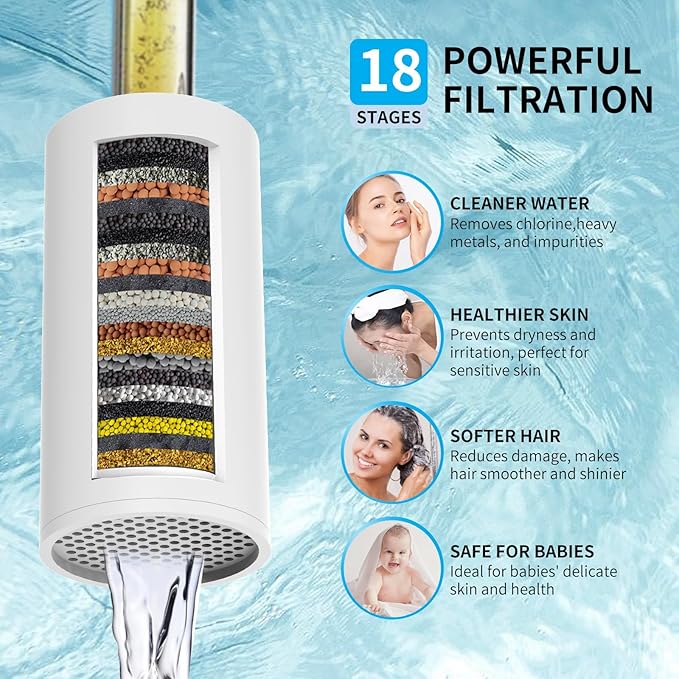 Filtered Shower Head with Extension Arm - EMBATHER 8 Inch Hign Output Showrhead with 3 Spray Settings, 18 Stage Filter for Hard Water, 11" Adjustable Arm, Brushed Nickel,Brass Swivel Ball Jiont