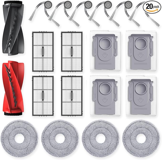 Saros 10R Accessories for Roborock Saros 10R / Saros 20 / Qrevo CurvX Robot Vacuum, Replacement Parts with 4 Dust Bags, 4 Mop Pads, 4 HEPA Filters, 6 Side Brushes, Dual Main Brush
