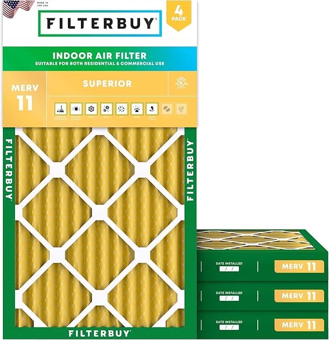 Filterbuy 14x25x2 Air Filter MERV 11 Superior Pet & Allergy Defense (4-Pack), Electrostatic Pleated HVAC AC Furnace Filters Replacement, Made in USA (Actual Size: 13.50 x 24.50 x 1.75)