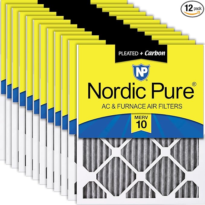 Nordic Pure 14x20x1 (Actual Size: 13 1/2 x 19 1/2 x 3/4) Furnace Air Filters MERV 10 Pleated Plus Carbon 12 Pack