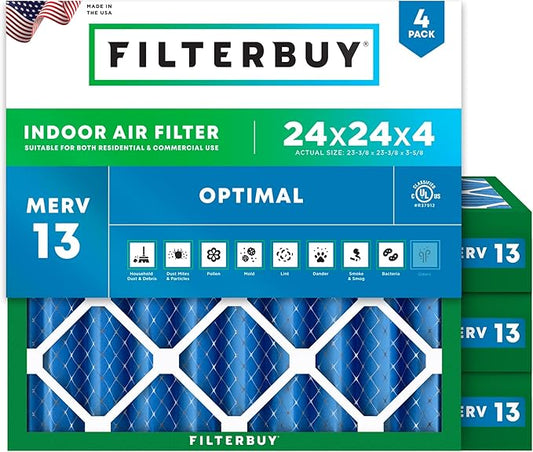 Filterbuy 24x24x4 Air Filter MERV 13 Optimal Smoke & Allergy Defense (4-Pack), Electrostatic Pleated HVAC AC Furnace Filters Replacement, Made in USA (Actual Size: 23.38 x 23.38 x 3.63)