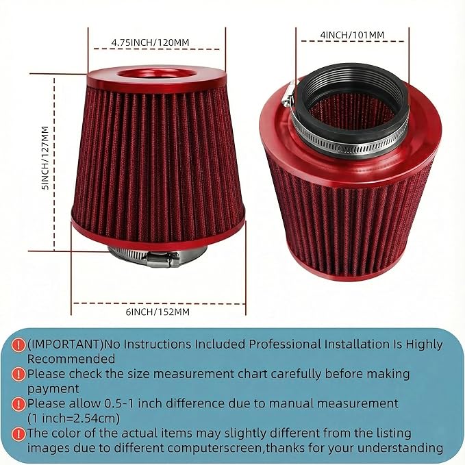 Universal Clamp-On Air Intake Filter, High Performance, Washable Filter, Replacement Air Filter, Flange Diameter 4inch/100mm (Red)