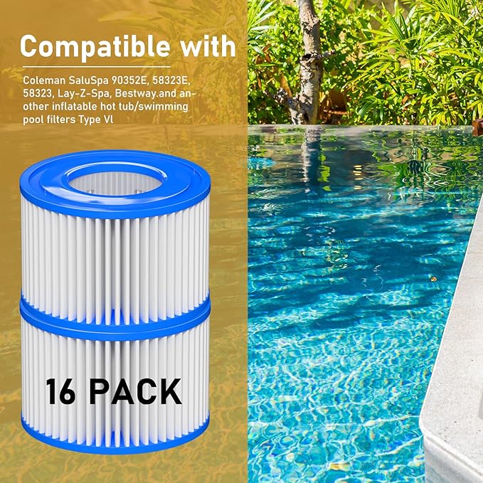Type Ⅵ Hot Tub Spa Filter Replacement Compatible with Lay-Z-Spa, Coleman SaluSpa 90352E 58323, Inflatable Hot Tub, Swimming Pool Pump Filter Type Ⅵ Cartridge, 16 Pack