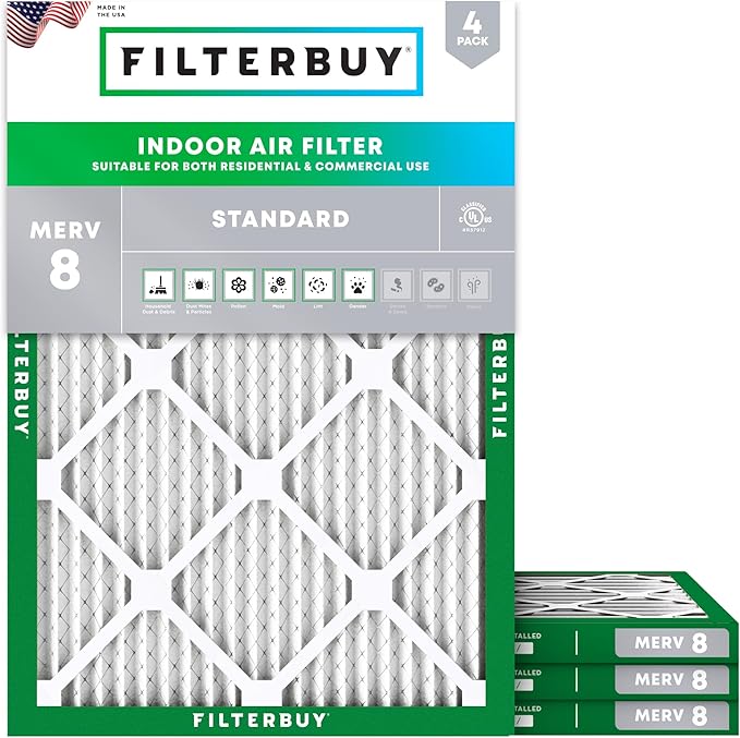 Filterbuy 14x16x1 Air Filter MERV 8 Essential Dust & Allergy Defense (4-Pack), Electrostatic Pleated HVAC AC Furnace Filters Replacement, Made in USA (Actual Size: 14.00 x 16.00 x 0.75)