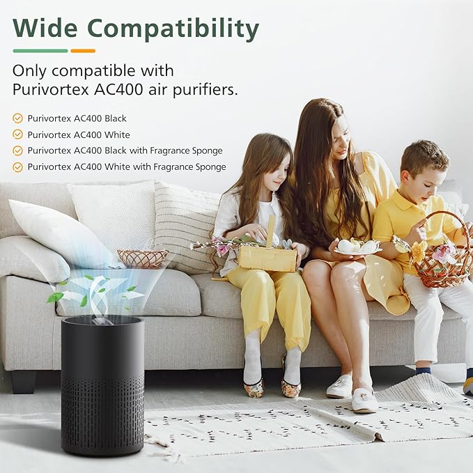 2 Pack AC400 Air Purifiers Replacement Filter for Purivortex AC400 Air Purifier, 3-in-1 HEPA Technology High Efficiency, White