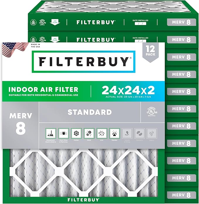 Filterbuy 24x24x2 Air Filter MERV 8 Essential Dust & Allergy Defense (12-Pack), Electrostatic Pleated HVAC AC Furnace Filters Replacement, Made in USA (Actual Size: 23.38 x 23.38 x 1.75)