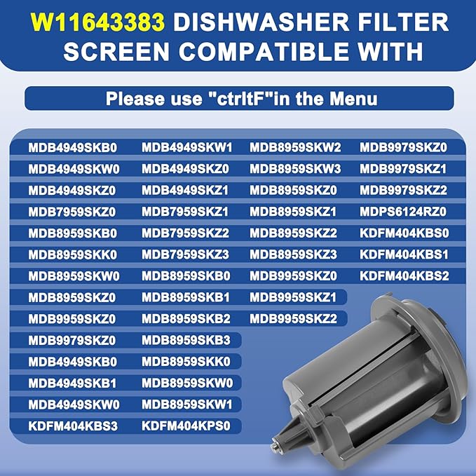 W11643383 Dishwasher Filter Compatible with Whirlpool Maytag KitchenAid MDB4949SKZ KDTM404KPS2 MDB4949SKB0 MDB9959SKZ0 MDB4949SDZ0. W11643383 Circulating Pump Filter Replace W11108699 AP7205669