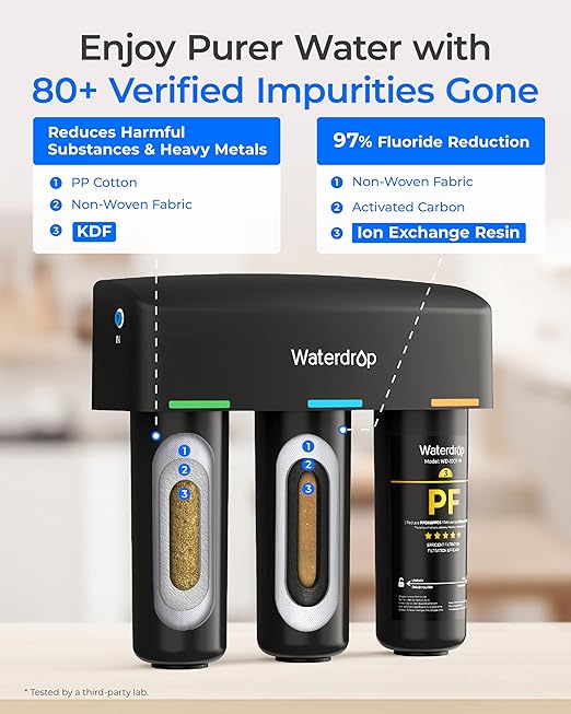 Waterdrop TSB-PF Under Sink Water Filter, Reduces 80+ Impurities-PFAS, Chlorine, Chloramine, Fluoride, Taste&Odor, VOCs, Chloroform, 9 Layer Under Sink Water Filtration System,with A Separate Faucet