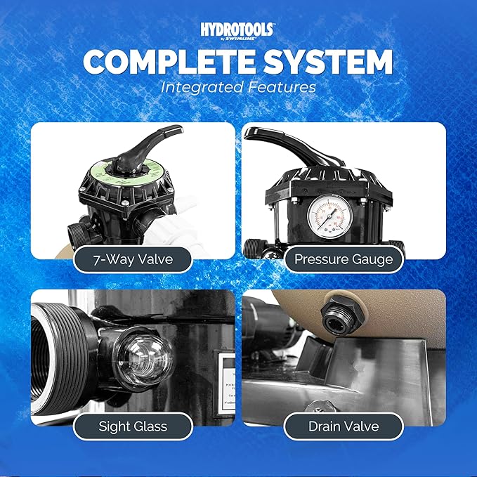 SWIMLINE Sand Filter Pump for Above Ground Pool - 16'', 0.55THP, 3720 GPH Pump flow rate, 7 way Multi port valve, Easy Installation