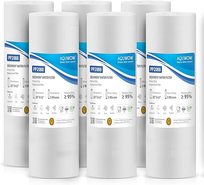 PP20BB 5 Micron 4.5" x 20" Filter Set – Sediment Replacement Cartridges for Whole House Water Filtration Systems, Universal Standard PP Filters (6, 20 x 4.5)