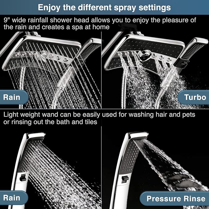 BRIGHT SHOWERS High Pressure Dual Shower Head Combo, Handheld Showerhead Rainfall Shower Head Combo with Black Face, 60 Inch Long Stainless Steel Shower Hose, Chrome