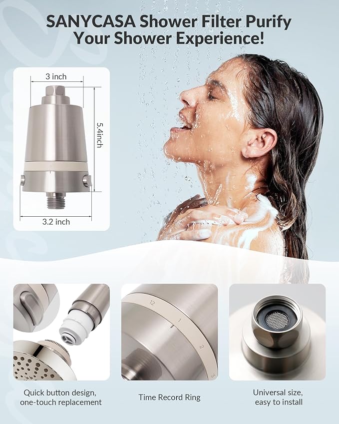 SANYCASA Shower Filter for Hard Water – KDF Filtration System Reduces Chlorine, Heavy Metals & Scale – Improves Skin & Hair Softness – Fits Most Rain & Handheld Shower Heads - (Brushed Nickel)