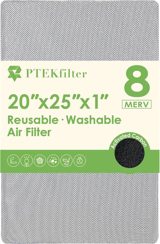20x25x1 Washable & Reusable Air Filter with Activated Carbon Layer, MERV 8 Air Filters for AC HVAC Furnace, Machine Washable & Dryer Friendly