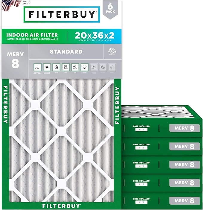 Filterbuy 20x36x2 Air Filter MERV 8 Essential Dust & Allergy Defense (6-Pack), Electrostatic Pleated HVAC AC Furnace Filters Replacement, Made in USA (Actual Size: 19.50 x 35.50 x 1.75)
