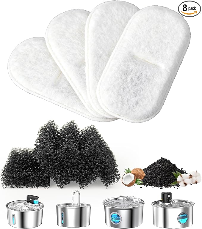 Cat Water Fountain Filter Replacement: 4 Carbon Filters & 4 Foam Sponges Kitty Spout Pump Filters for 108Oz/3.2L & 67Oz/2L Stainless Steel Pet Water Dispenser Cat Dog