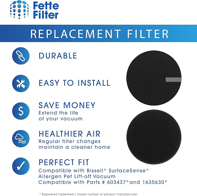 Fette Filter 4 Pack Replacement Filters for Bissell Vacuums Compatible with SurfaceSense MultiClean 3418, Pet Hair Eraser Turbo 3774F, PowerLifter 3404, and More. 4Pre-Motor Filters