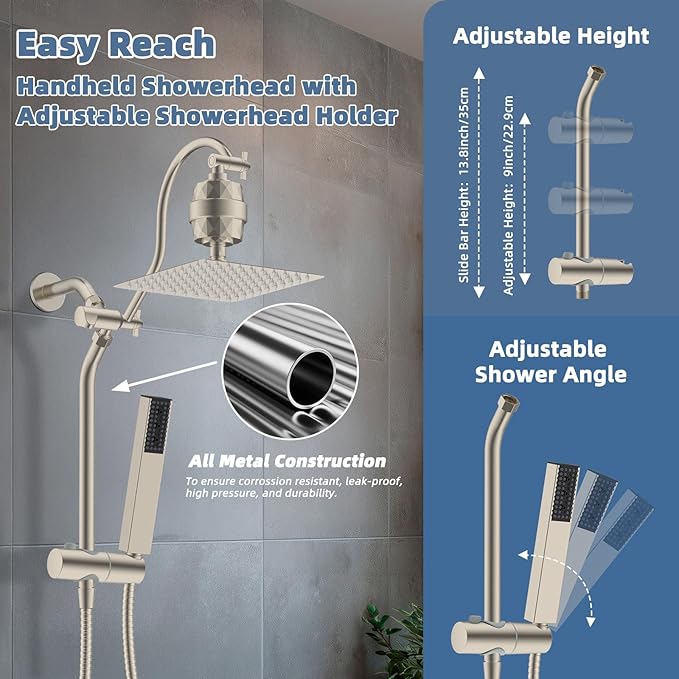 Hibbent All Metal 10'' Filtered Rainfall Shower Head, High Pressure Showerhead combo with 4-mode Handheld Spray, 12'' Extension Arm, Extension Bar with Holder, Shower Filter, Brushed Nickel
