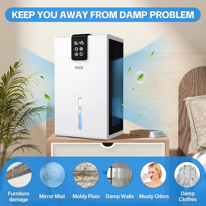 PSOS Dehumidifier, Dehumidifiers for Home, 98OZ Water Tank, (1000 sq.ft) Quiet Dehumidifier for Basement Bathroom Bedroom with Humidity Display, Relaxing 7 Color Ambient Light, Auto Shut Off(White)