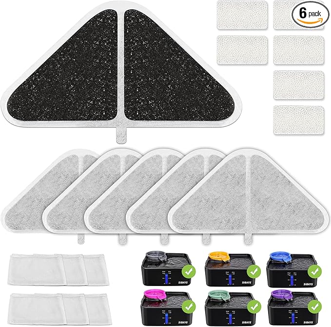 SIBAYS Cat Water Fountain Filters, Replacement Water Fountain Filters for 230oz/7L Pet Water Fountains, Made of Food Grade Activated Carbon and PP Cotton, 6pcs Filter + 6pcs Mesh + 6pcs Sponge
