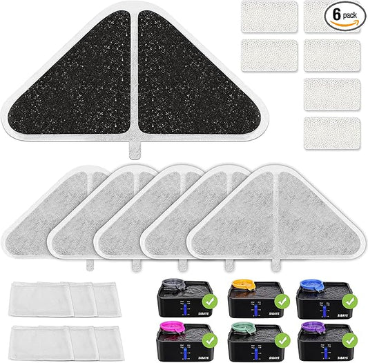 SIBAYS Cat Water Fountain Filters, Replacement Water Fountain Filters for 230oz/7L Pet Water Fountains, Made of Food Grade Activated Carbon and PP Cotton, 6pcs Filter + 6pcs Mesh + 6pcs Sponge