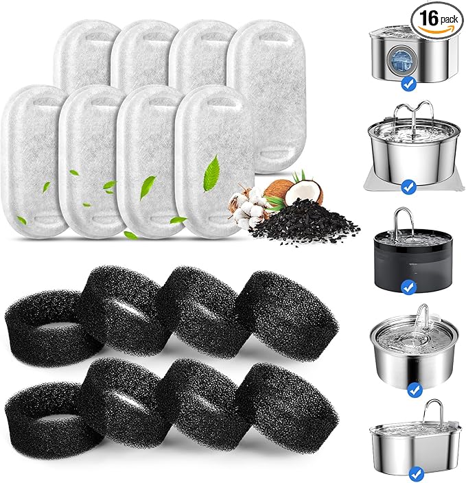 Cat Water Fountain Filters for 108/3.2L& 67oz/2L Stainless Steel Cat Fountain-Pet Water Dispenser, Replacement Filters for Pet Drinking Fountain(8 Filters&8 Sponges)