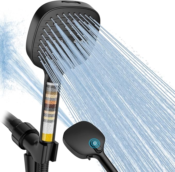 Filtered Shower Head High Pressure 7 Mode, Black Handheld Shower Head with Hose and Filters for Hard Water, Remove Chlorine-Reduce Dry Itchy Skin, Anti-clog Nozzles, Built-in Power Wash to Clean Tub
