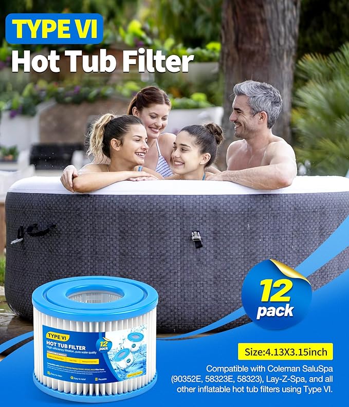 Type VI Hot Tub Filter Cartridges (12Pack) | Spa Filters Replacements for Hot Tub Compatible with Lay-Z-Spa & Coleman SaluSpa 90352E 58323 90427E | Reusable & Superior Filtration Performance