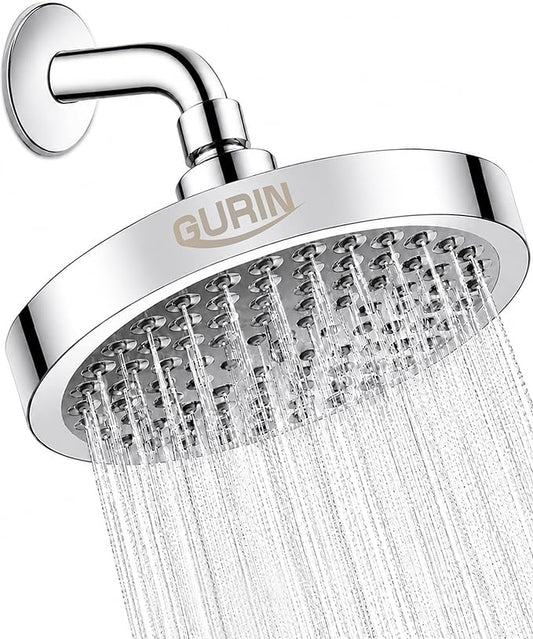 GURIN Shower Head - Powerful High Pressure Rain Shower Head 6 Inch - Luxury Rainfall Showerhead with Adjustable Angles, 90 Anti-Clog Nozzles, Tool-Free 1-Min Install, Premium Polished Chrome Finish