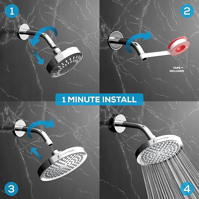 SparkPod Shower Head - High Pressure Rain - Premium Quality Luxury Design - Easy Clean Adjustable Replacement for Your Bathroom Shower Heads (Polished Chrome Finish, 6 Inch Round)