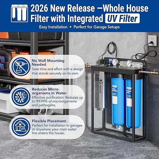 WF3-03 3-Stage Free-Standing Whole House Water Filtration System, UV Filter Included, Reduces Heavy Metals (Lead, Mercury, Arsenic, Cadimum, Chromium), PFAS, Chlorine, Sediment, Odor, and VOC’s