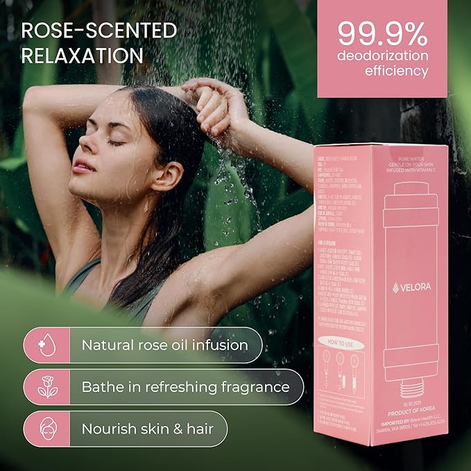 Vitamin C Shower Filter and Water Softener for Hard Water - Aromatherapy Shower Head Attachment - Universal Fit, No Tools - Replenish Dry, Itchy Skin and Nourish Hair - Rose-Scented