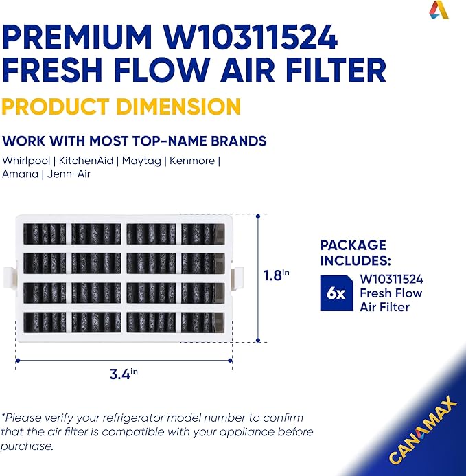 4 Pack W10311524 Refrigerator Air Filter Cartridge by Canamax - For Whirlpool AIR1 Kenmore KitchenAid Maytag JennAir Fresh Flow - Replaces W10315189 W10335147 2319308 1876318 AP4538127 AH2580853