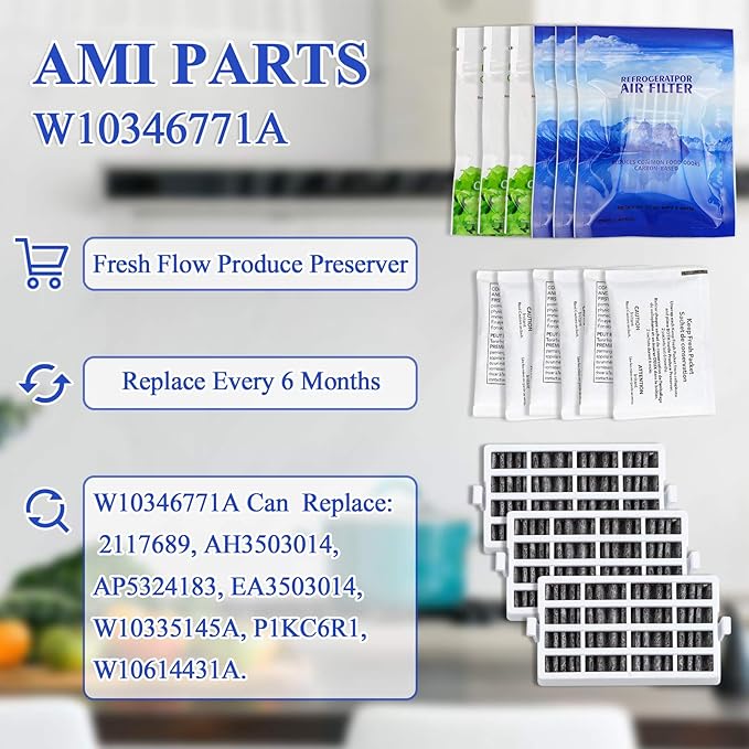 AMI PARTS W10311524 AIR1 Fresh Flow Air Filter & W10346771A Produce Preserver Replacement Compatible with Refrigerator (6 Packs)