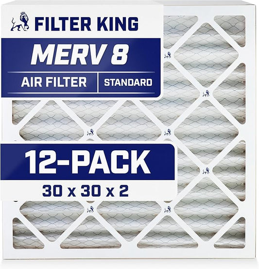 Filter King 30x30x2 Air Filter (MERV 8) (12-Pack) Dust & Allergy Control AC Furnace Filters, MADE IN USA, HVAC, Pleated, Electrostatic (Actual Size: 29.5 x 29.5 x 1.75)